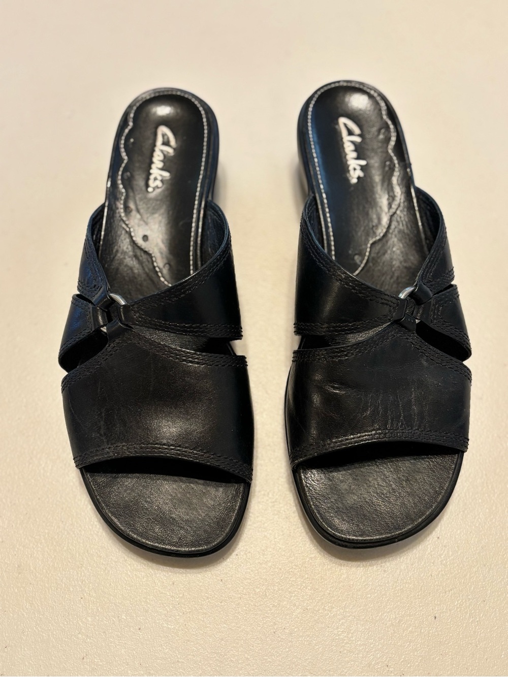 Clarks Black Leather Slide Mules with Crossover Strap 7
